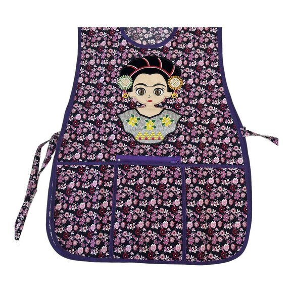 MEXICAN BRAND Apron O/S Purple Floral Frida Kahlo Embroidery Design Front Pocket - Picture 2 of 7